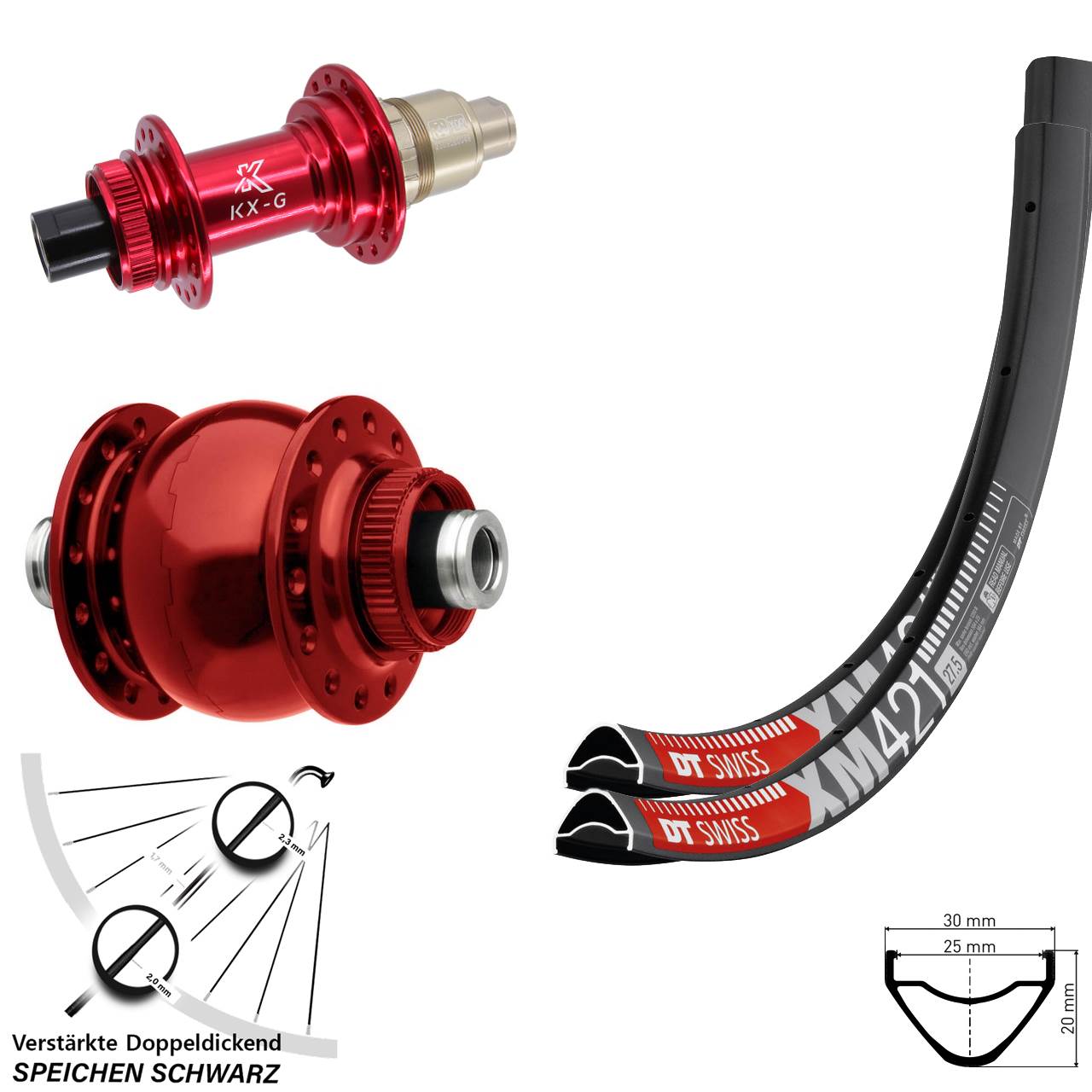 Disc Laufrad-Satz 27,5 Zoll DT Swiss XM421 KX-G rot SON 28 XDR 11-12 fach 12x100/142