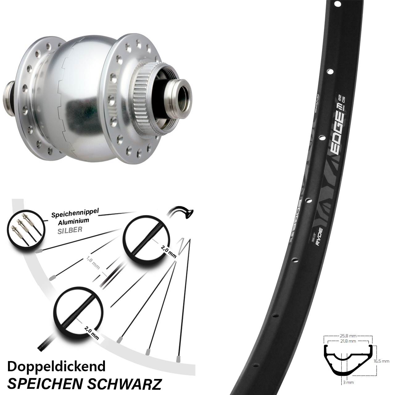 Disc Nabendynamo-Laufrad 28 Zoll Ryde Edge M22 SON delux 12x100