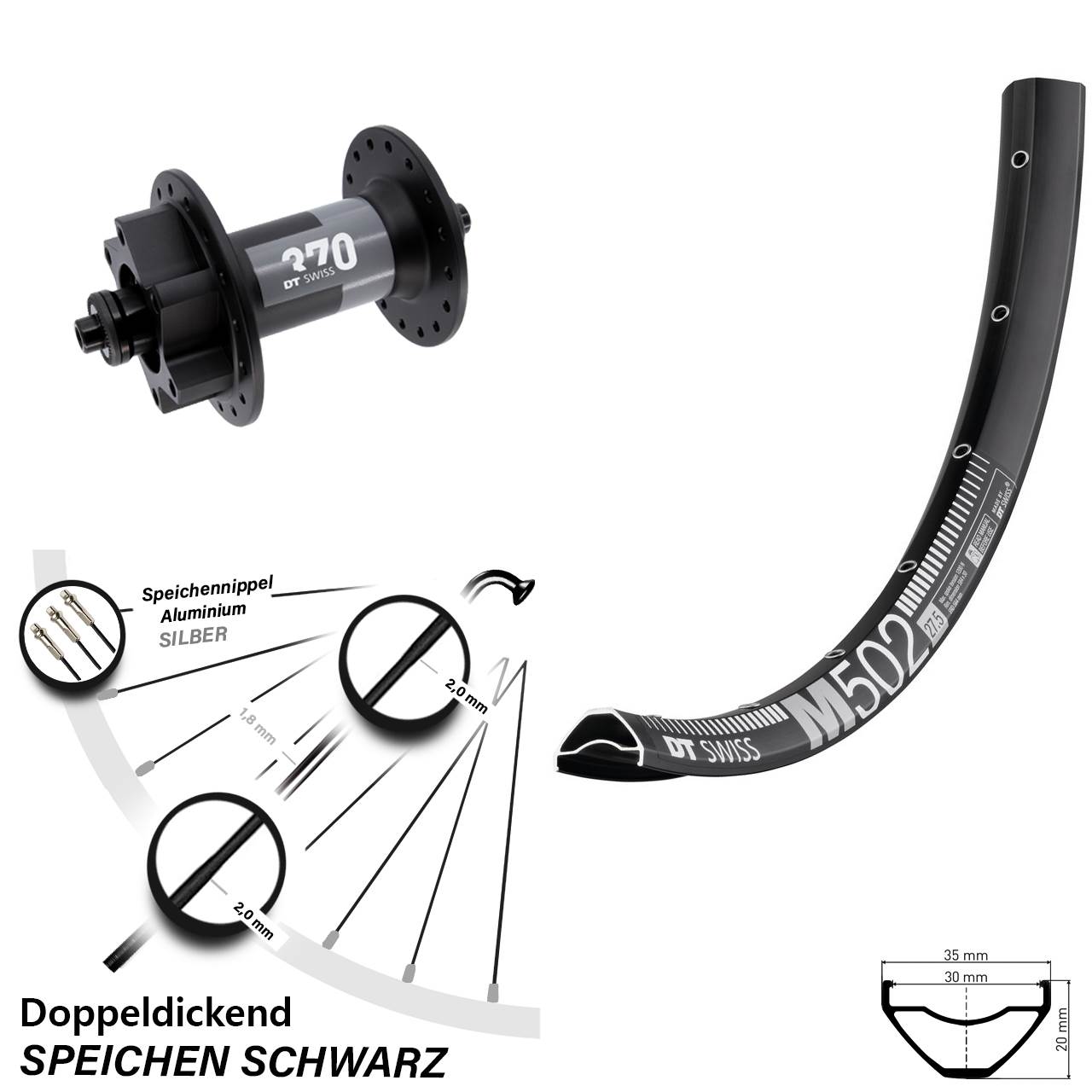 DT Swiss M 502-370 29 Zoll 6-Loch Vorderrad für Schnellspanner