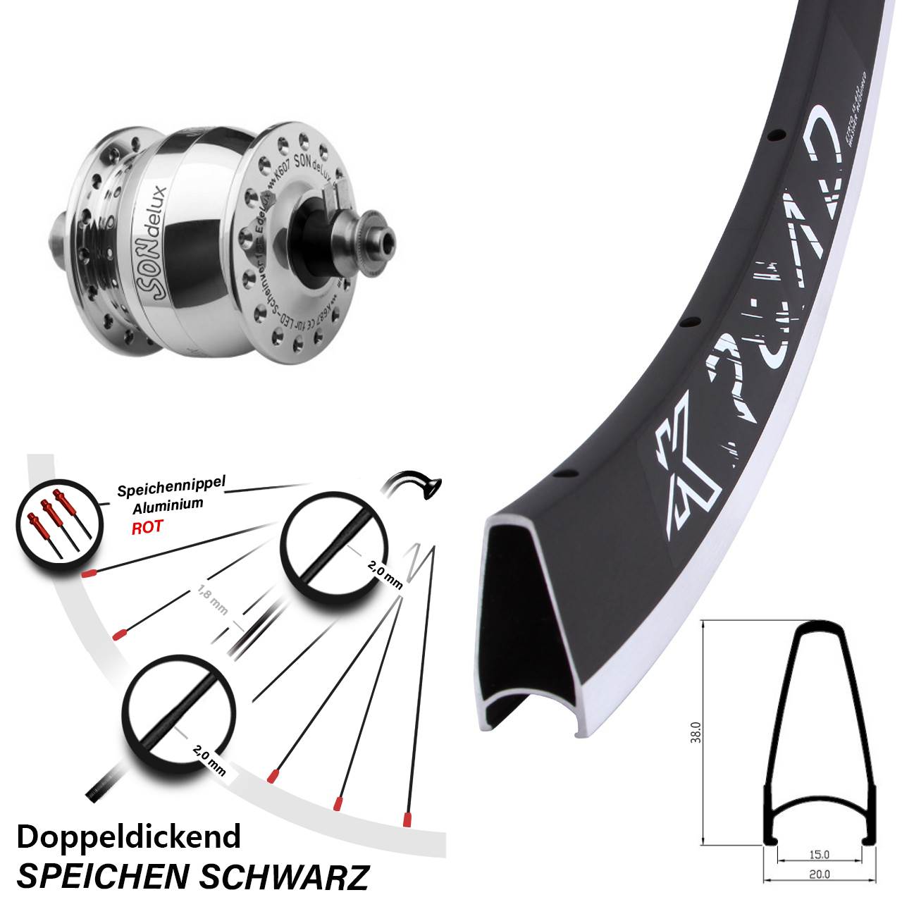 Vorderrad mit Nabendynamo 28 Zoll KX Road SONdelux poliert QR