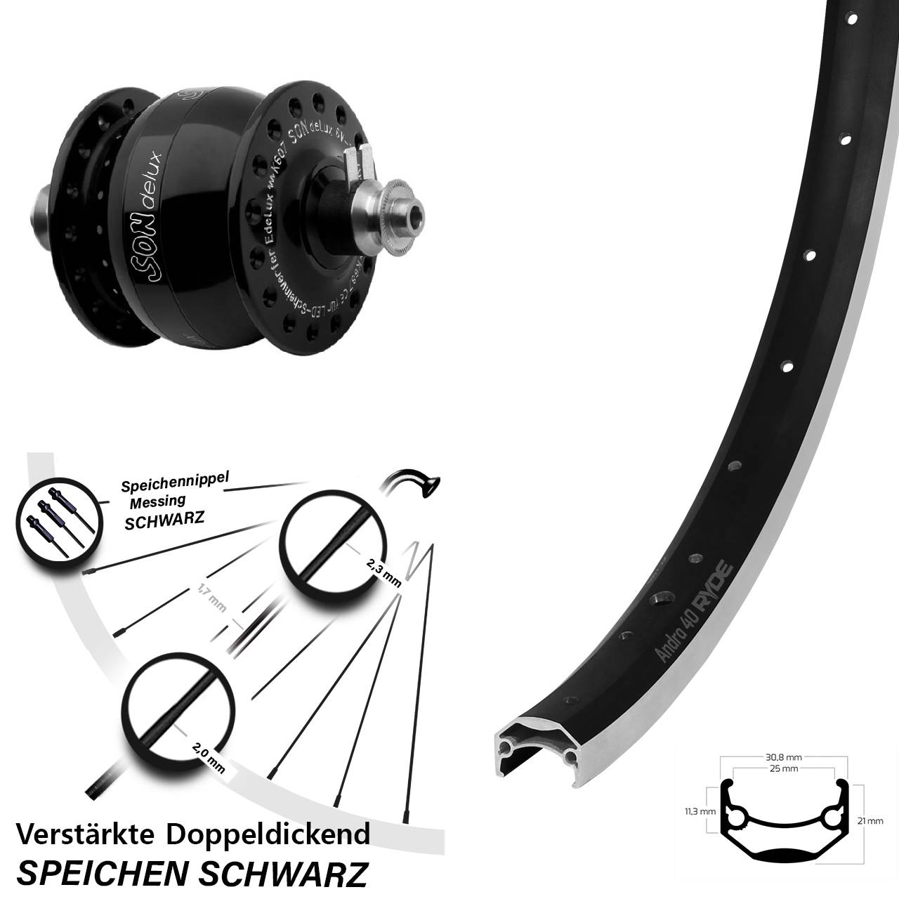 28 Zoll Ryde Andra 40 SON delux Vorderrad mit Nabendynamo für Schnellspanner