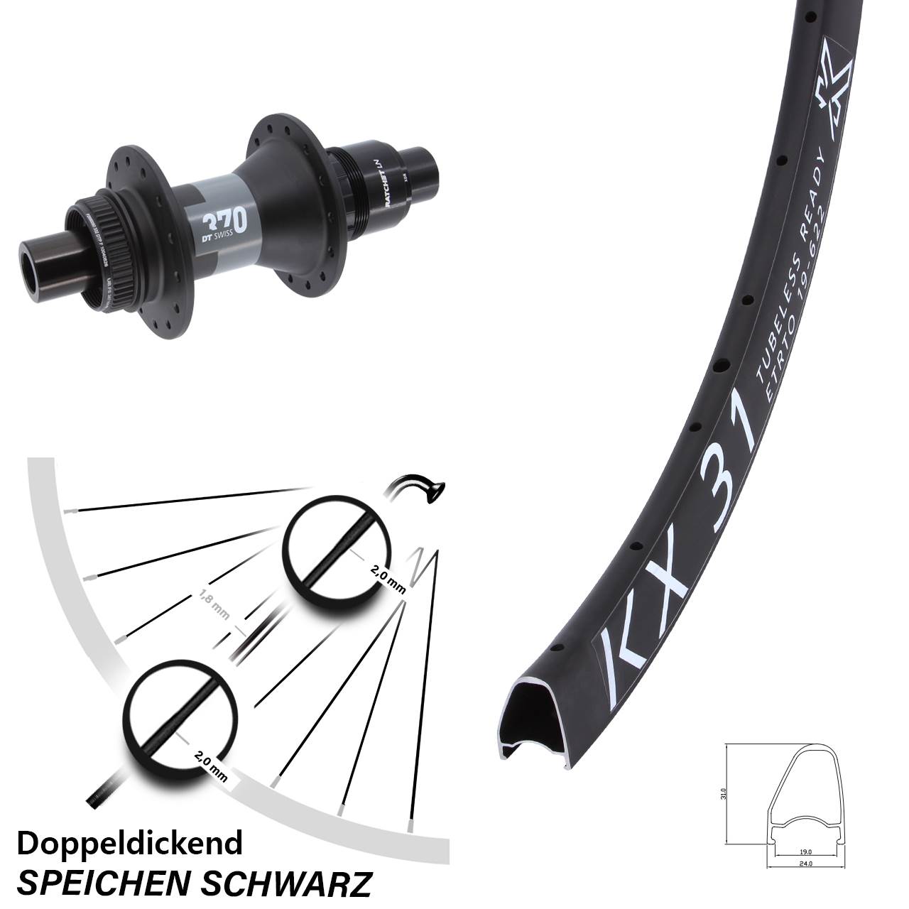 KX 31 Offset DT Swiss 370 XDR 28 Zoll Centerlock Hinterrad 12x142