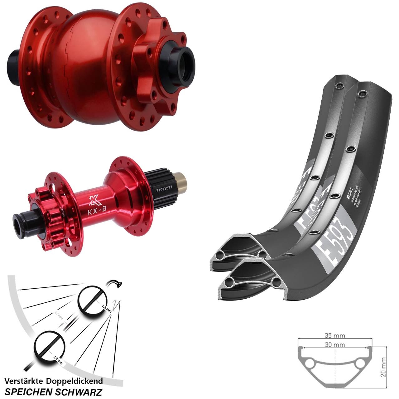 Boost Disc Laufradsatz 27,5 Zoll DT Swiss E593 KX-B rot SON 28 Micro Spline