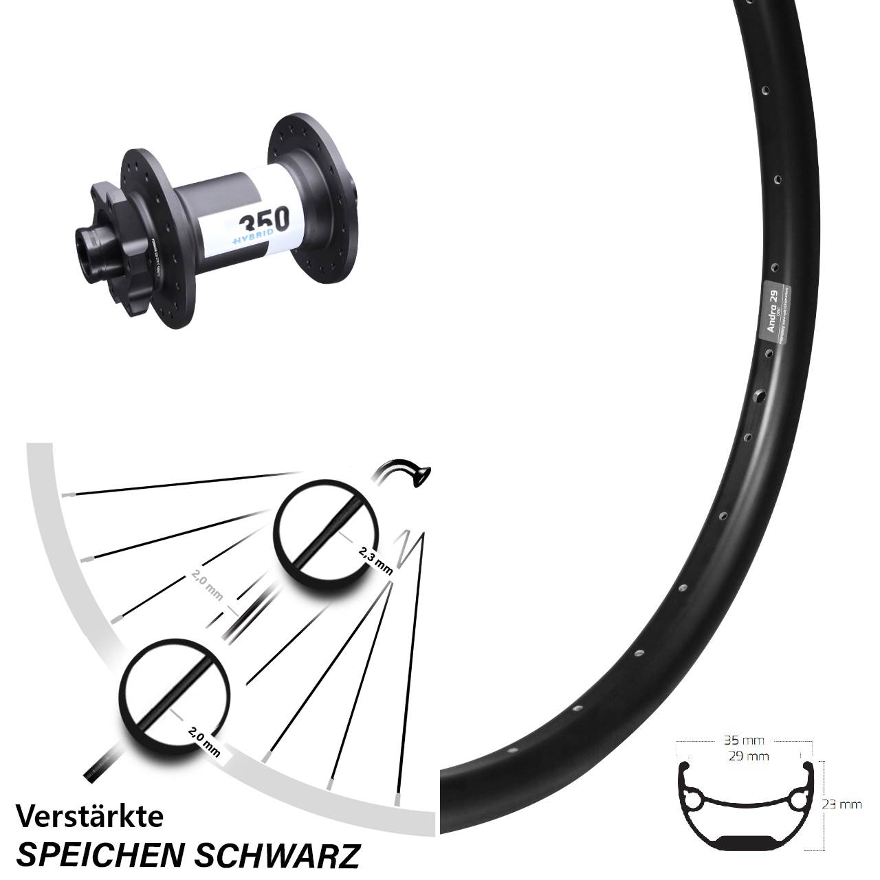 Ryde Andra 29 Zoll Vorderrad Lastenrad DT Swiss 350 Hybrid Boost 6-Loch 15x110 mm