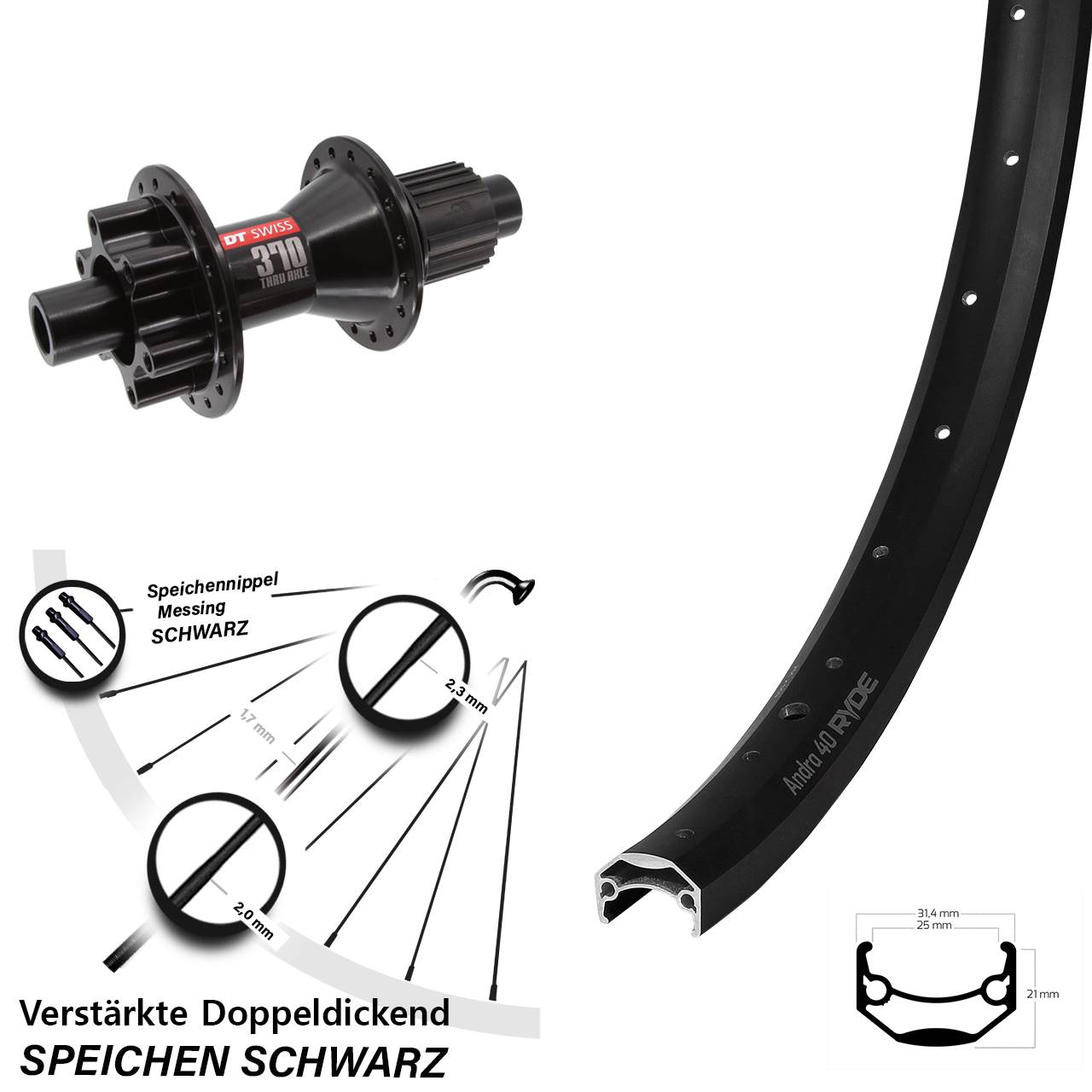 6-Loch Hinterrad 20 Zoll Ryde Andra 40 DT Swiss 370 Hybrid Shimano Micro Spline 12x142