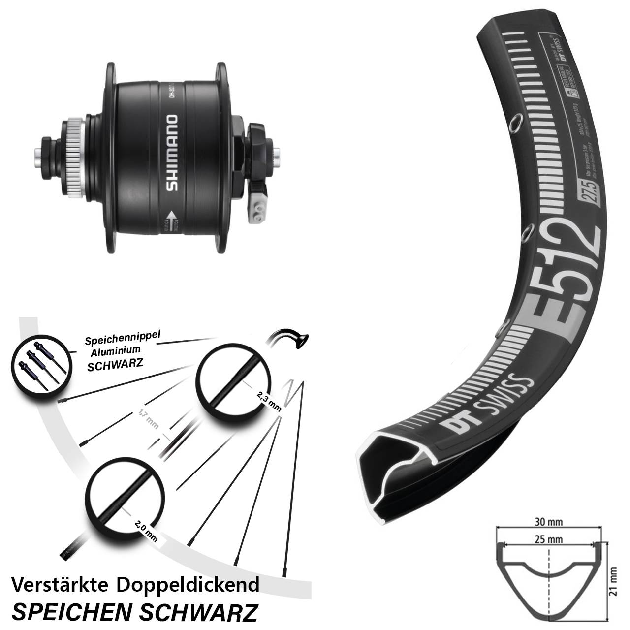27,5 Zoll DT Swiss E 512 Shimano DH-3D37 Disc Nabendynamovorderrad QR
