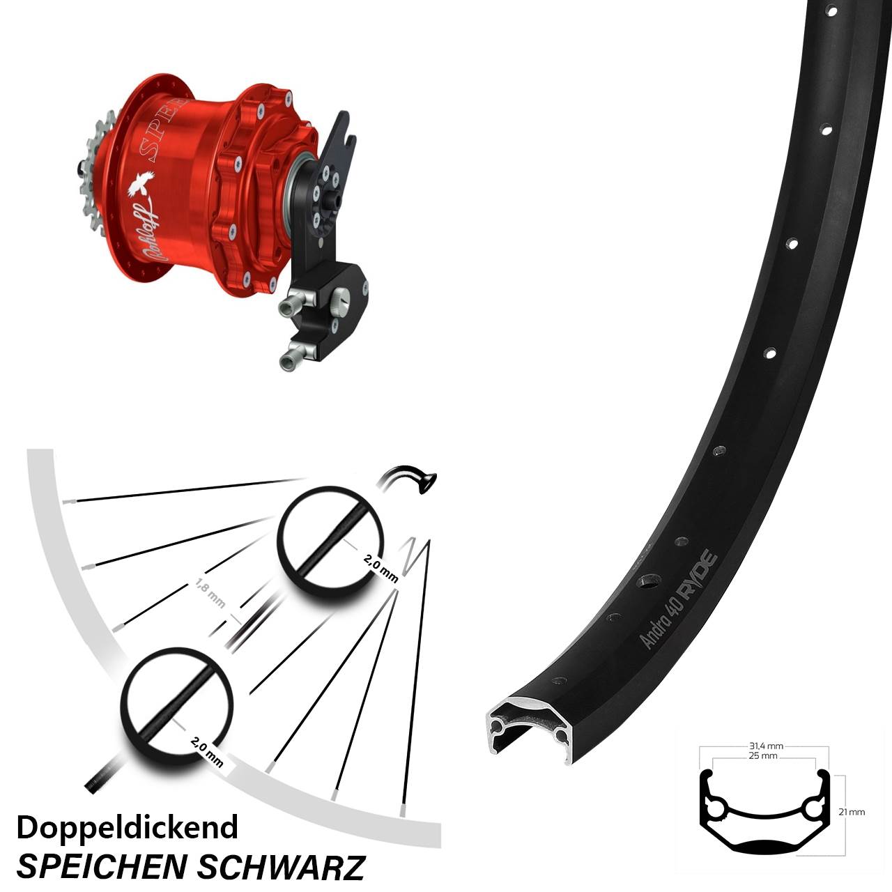Ryde Andra 40 Disc Rohloff 500/14 CC DB OEM2 Tandem rot 27,5 Zoll Disc Hinterrrad