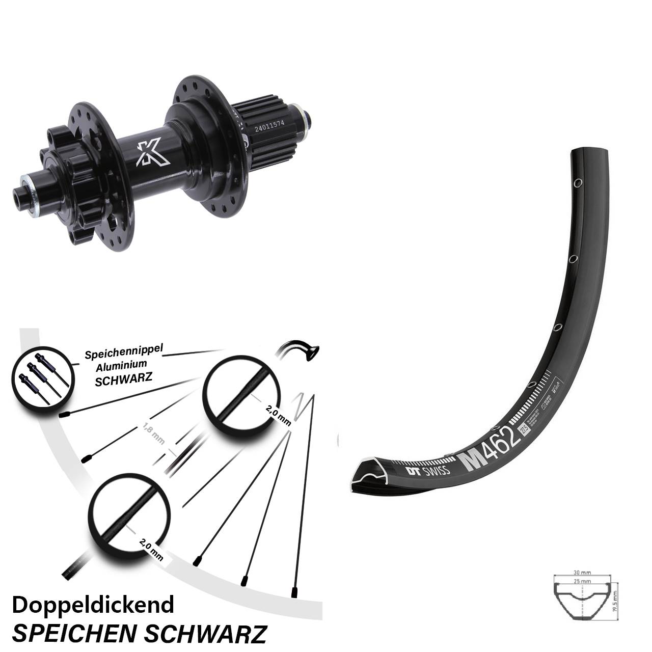 27,5 Zoll DT Swiss M 462 KX-M 6-Loch Hinterrad für Schnellspanner Shimano Micro Spline
