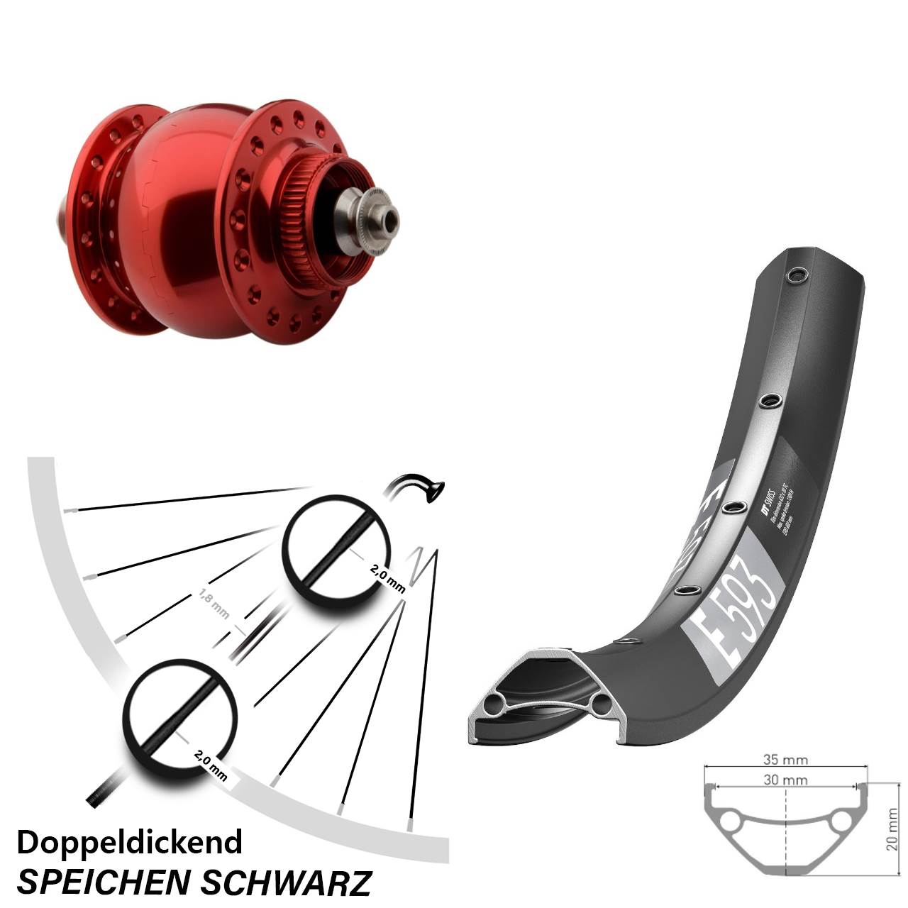 SON 28 rot DT Swiss E593 29 Zoll Disc Vorderrad mit Nabendynamo für Schnellspanner