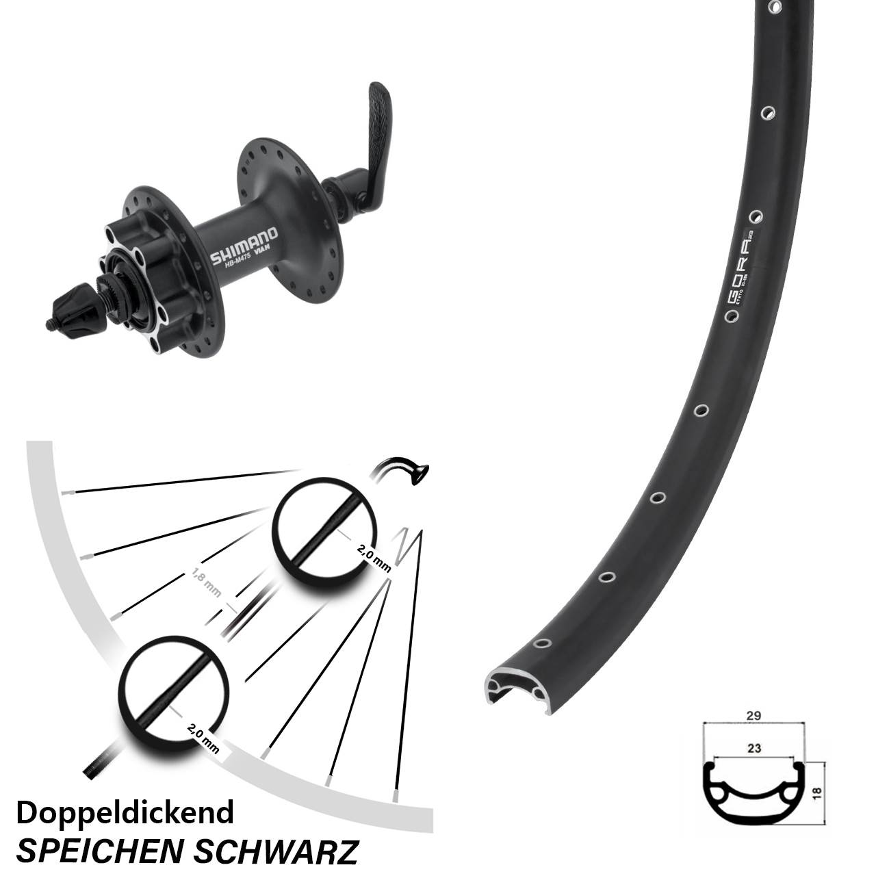 Gora 23 Shimano HB-M475 29 Zoll Disc Laufrad für Schnellspanner