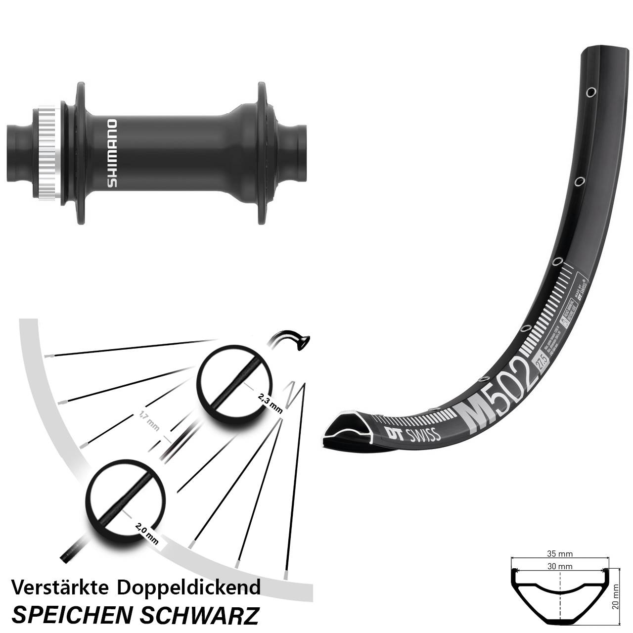 27,5 Zoll DT Swiss M502 Shimano HB-MT410-B Vorderrad Centerlock 15x110 Boost