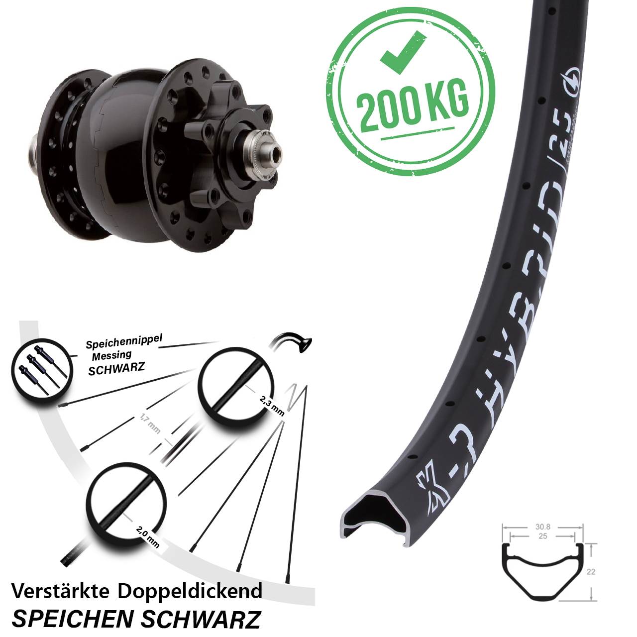 Nabendynamolaufrad SON 28 schwarz 6-loch KX-R Hybrid 25-622 ETRTO Schnellspanner verstärkt