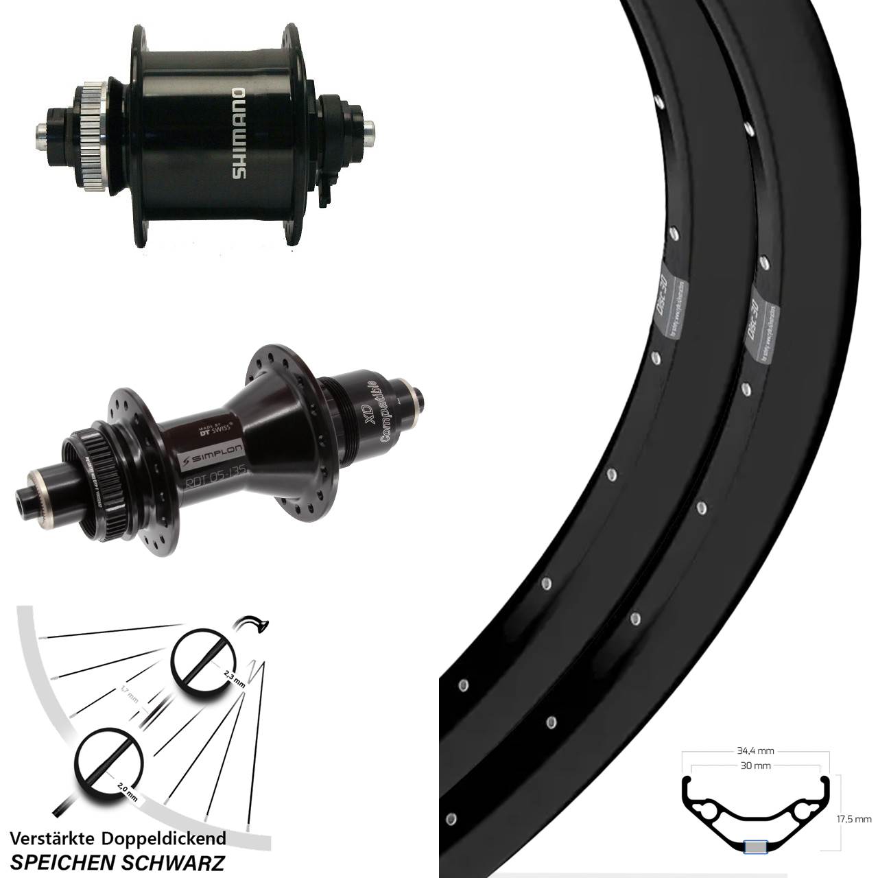 29 Zoll Ryde Disc 30 DT Swiss 370 Shimano DH-UR700-3D Laufrad-Satz für Schnellspanner XD