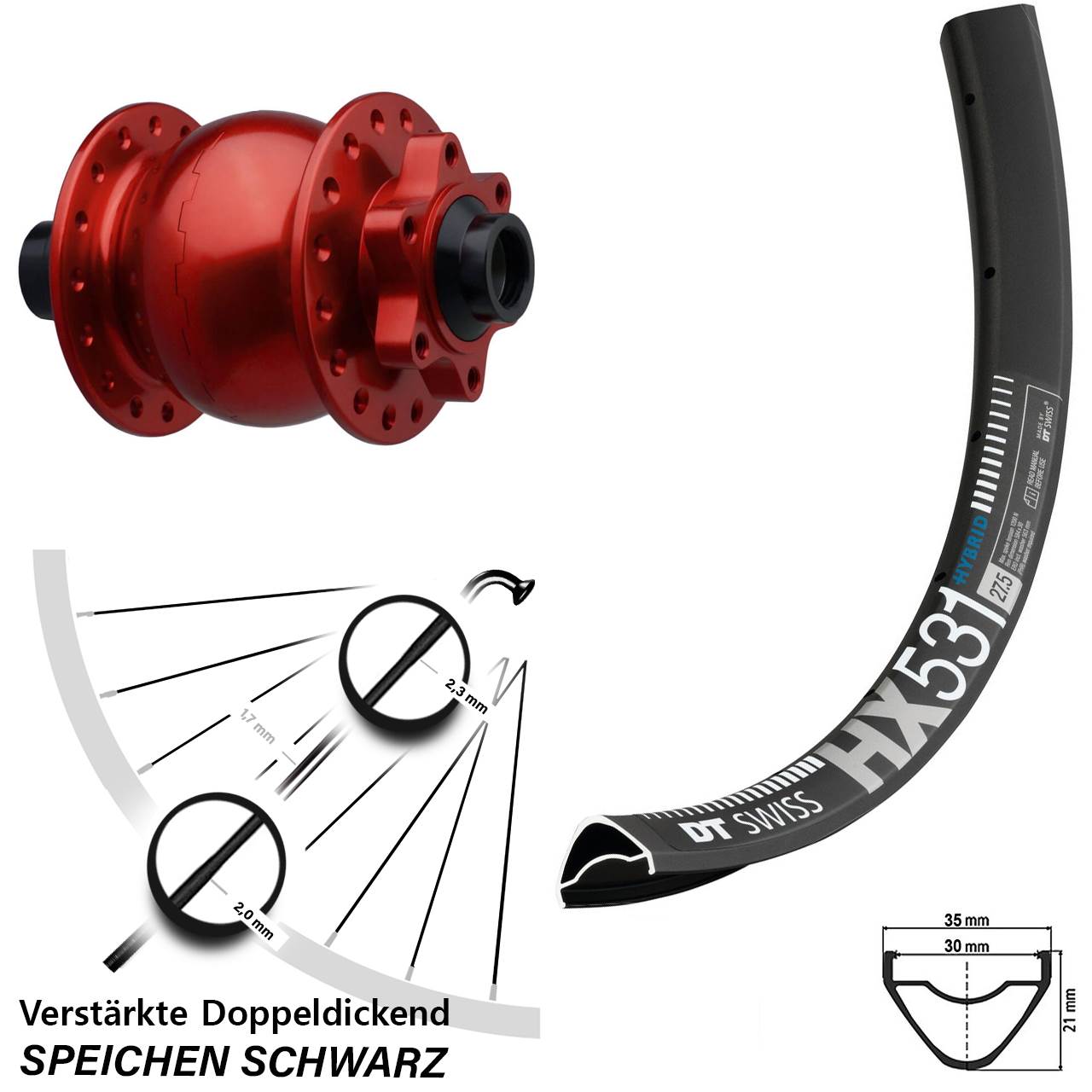 SON 28 rot DT Swiss HX 531 29 Zoll Vorderrad mit Nabendynamo 6-Loch 15x110 Boost