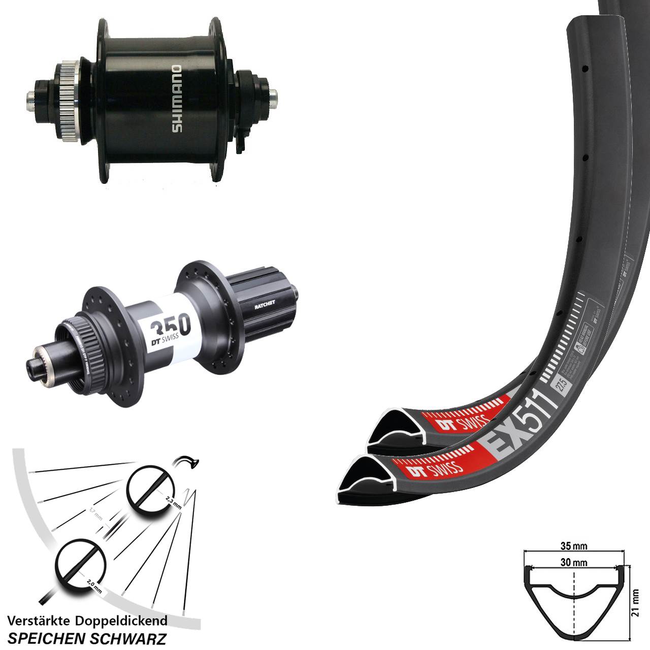 Laufrad-Satz QR 27,5 Zoll DT Swiss EX 511-350 Shimano DH-UR700 Disc 8-11 fach