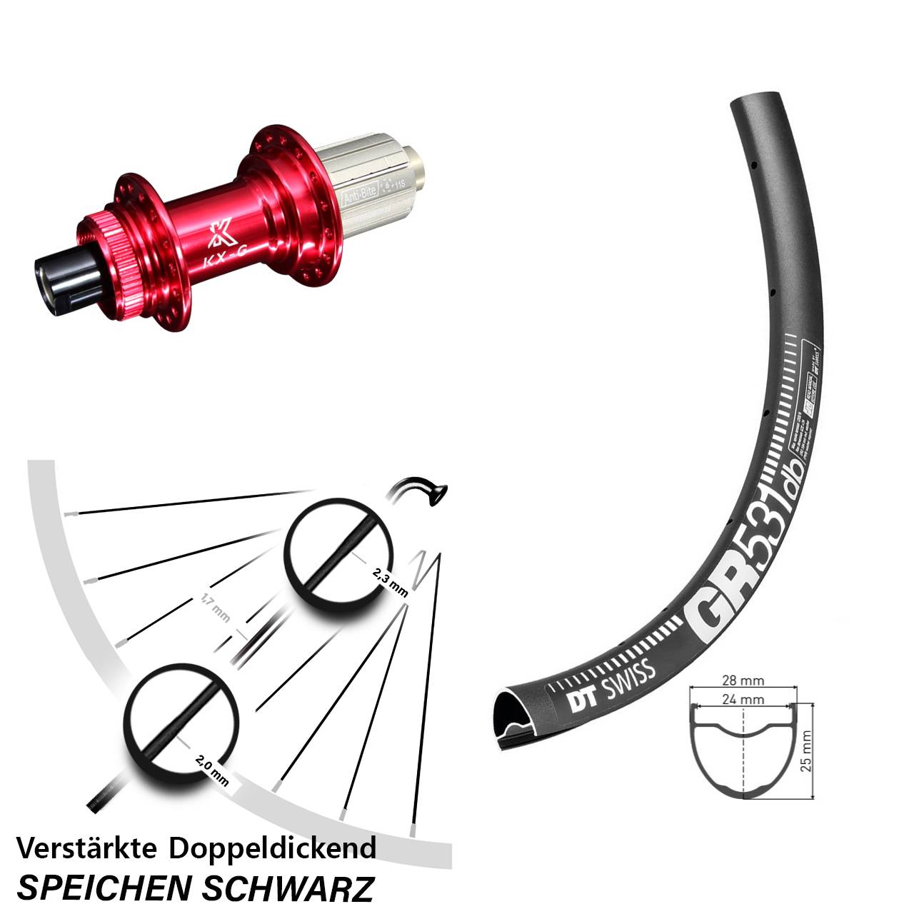 Gravel Hinterrad 28-29 Zoll KX-G rot Steckachse Centerlock 8-12 fach DT Swiss GR 531