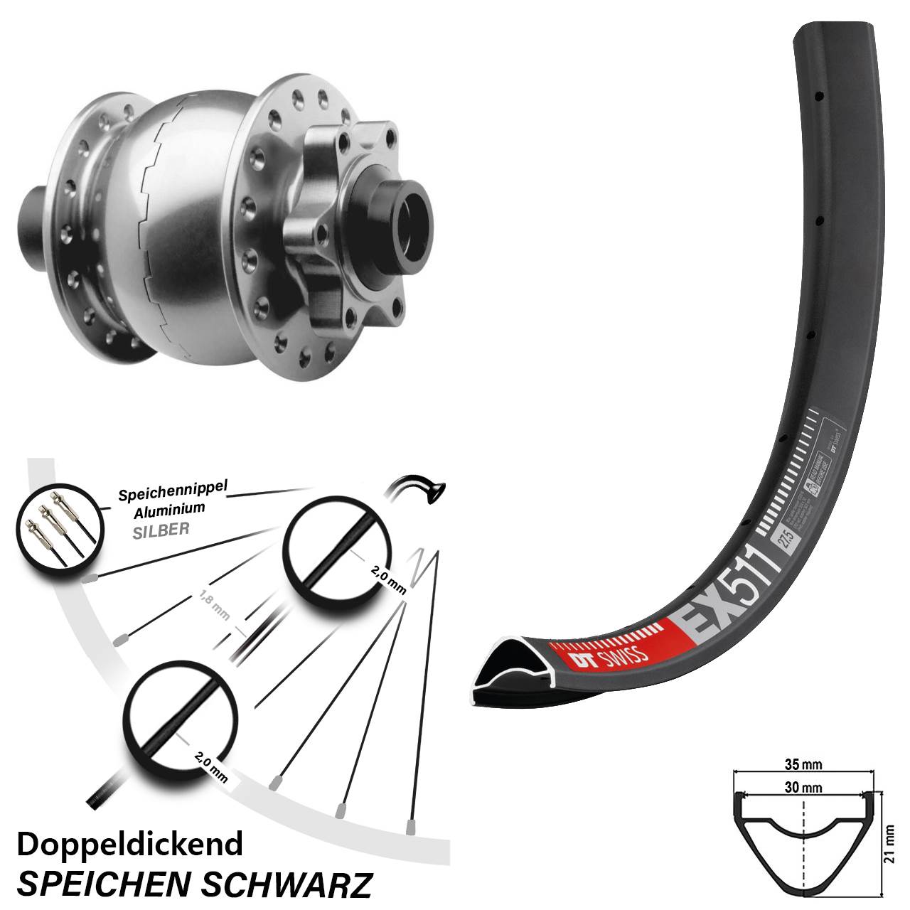 Nabendynamovorderrad 6-Loch 15x100 27,5 Zoll DT Swiss EX 511 SON 28 silbern