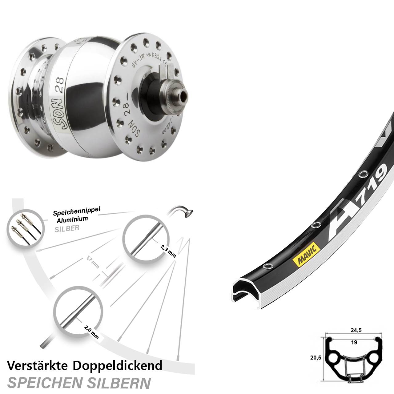 Vorderrad inkl. Nabendynamo QR SON 28 Zoll Mavic A719