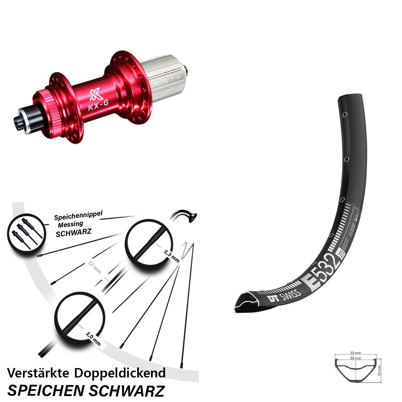 DT Swiss E532 KX-G rot 27,5 Zoll Disc Hinterrad für Schnellspanner 8-12 fach