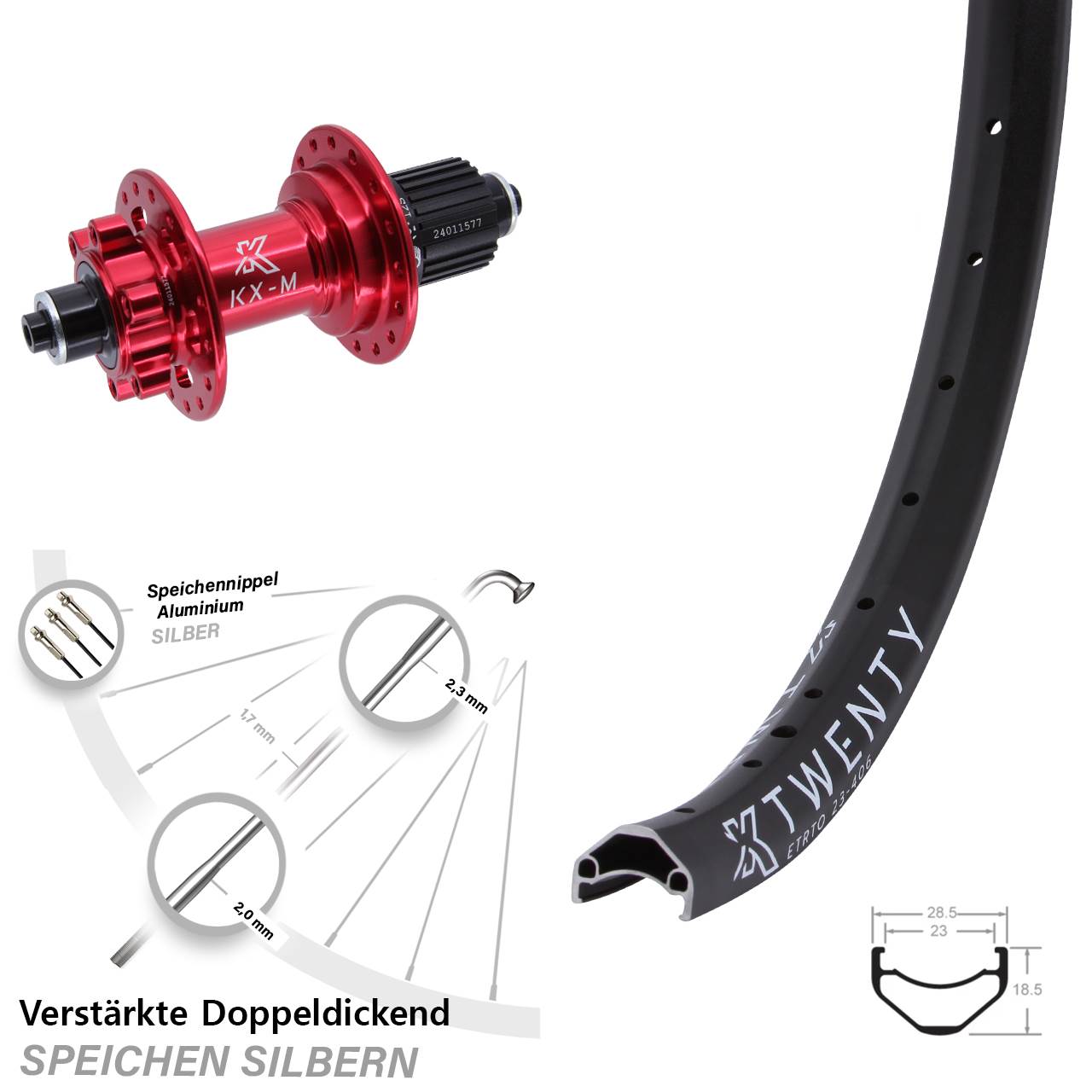 Disc Hinterrad 20 Zoll rote Nabe KX-M Twenty Shimano Micro Spline QR