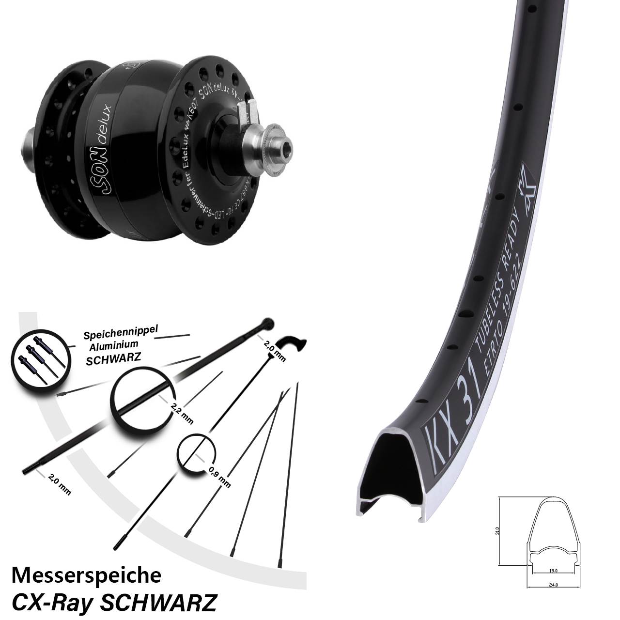 Vorderrad mit Nabendynamo QR 28 Zoll KX 31 SON delux CX-Ray