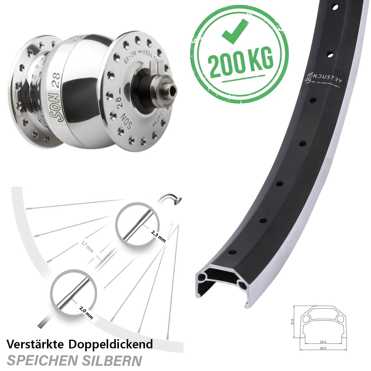 Nabendynamo-Vorderrad 26 Zoll KX Industry SON 28 für Schnellspanner