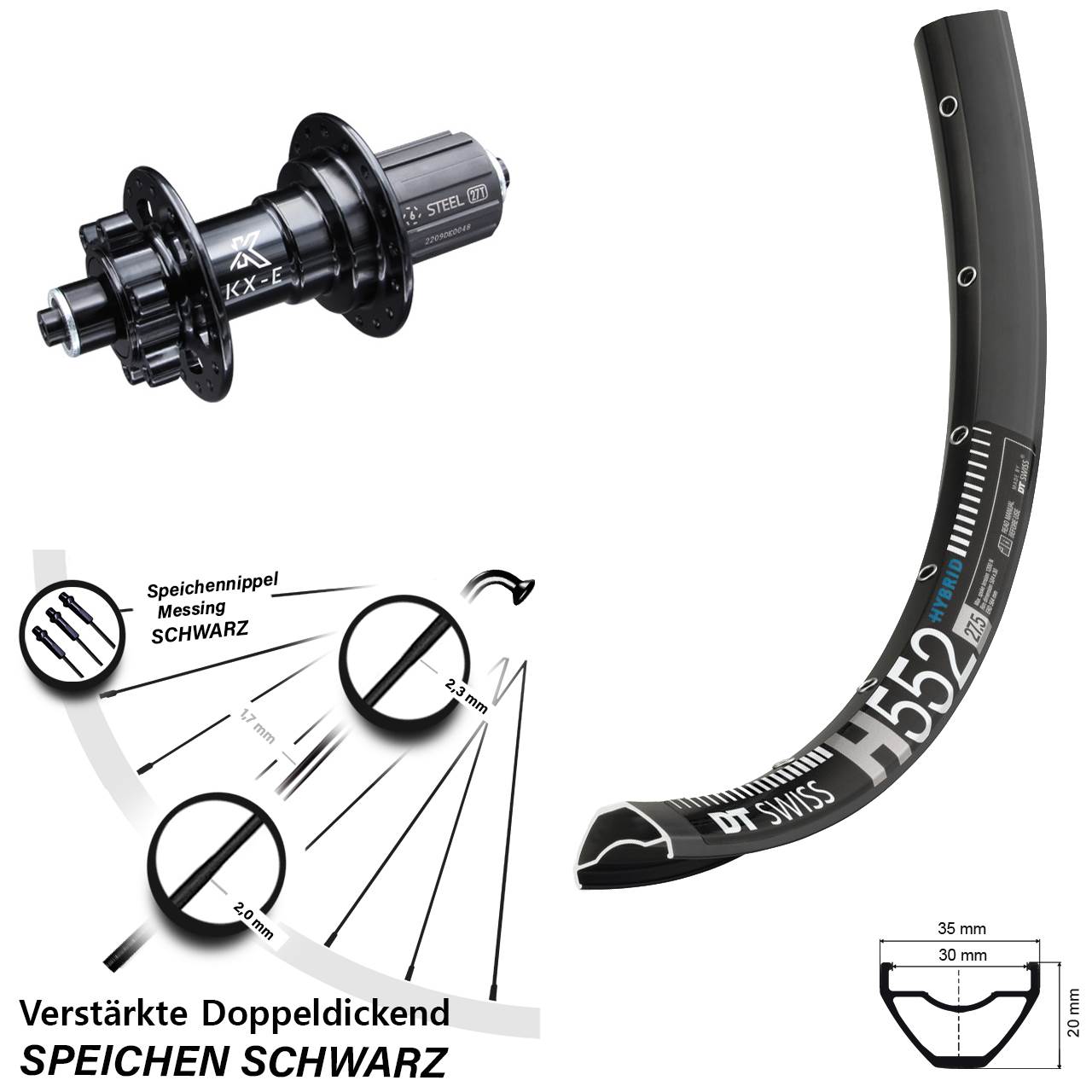 DT Swiss H 552 Hinterrad 27,5 Zoll E-Bike Schnellspanner 5x135 mm KX-E Nabe 6-loch 11-fach