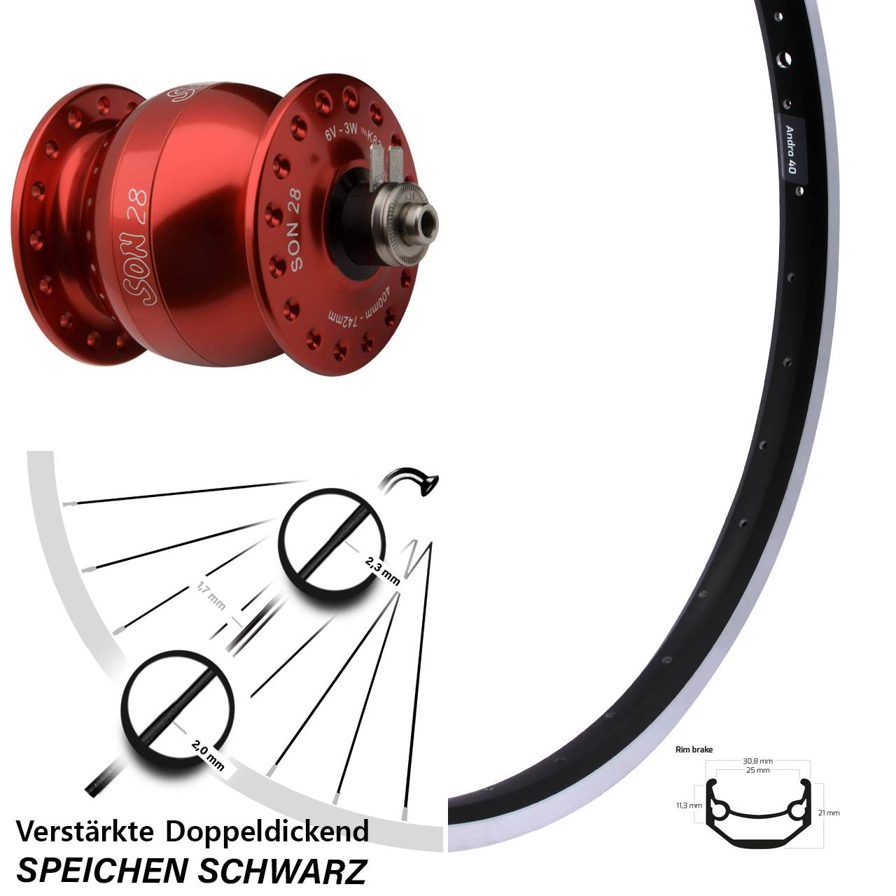 28-29 Zoll Ryde Andra 40 SON 28 rot Dynamo-Vorderrad QR