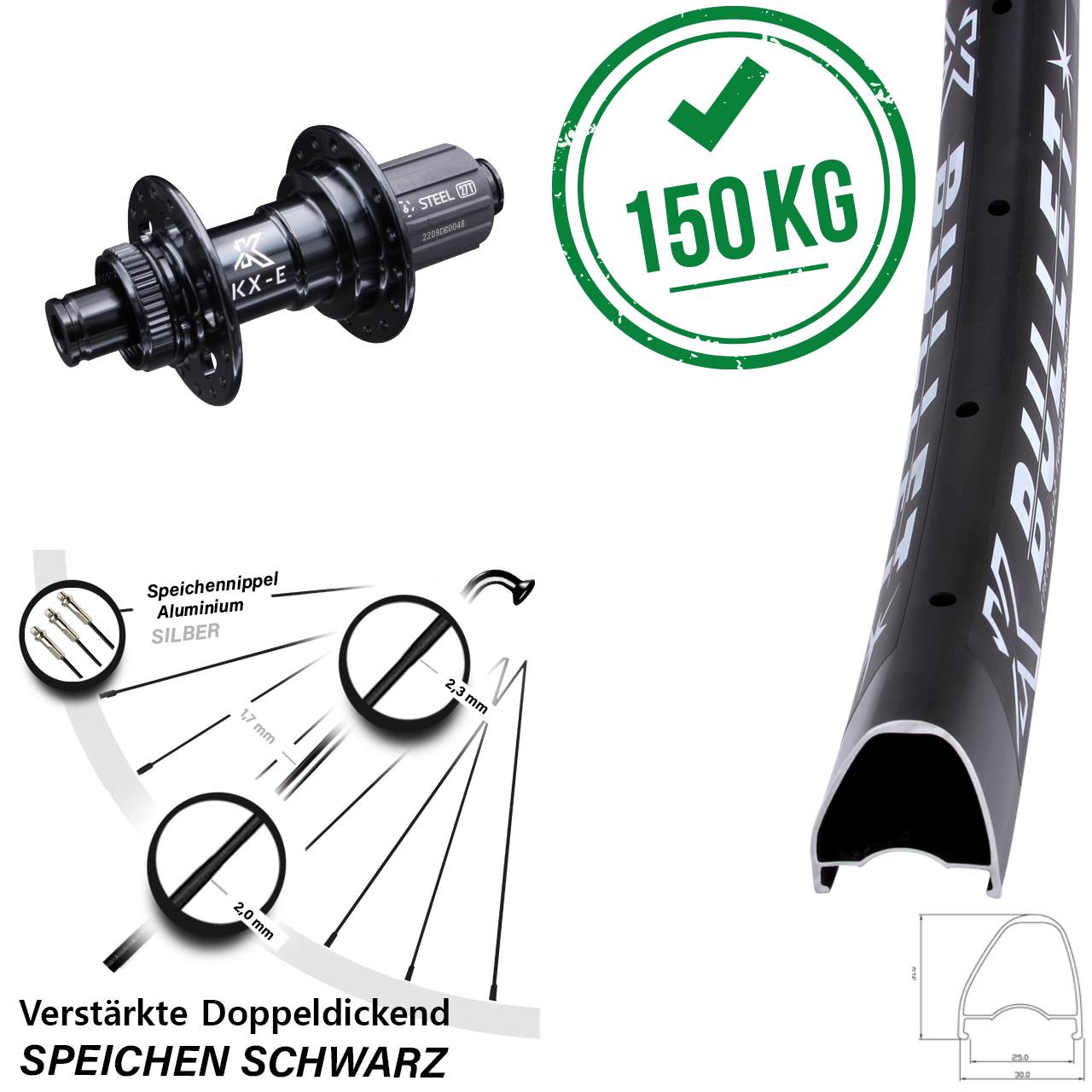 Hinterrad Centerlock 28-29 Zoll KX-E Bullet OS verstärkt 8-12 fach 12x142