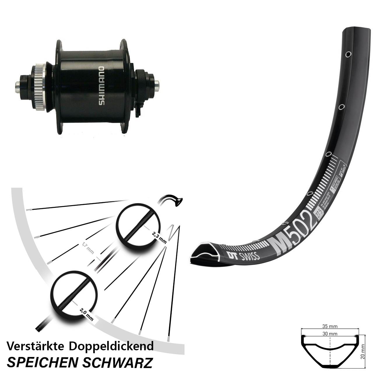 27,5 Zoll DT Swiss M 502 Shimano DH-UR700-3D Centerlock Vorderrad mit Nabendynamo QR