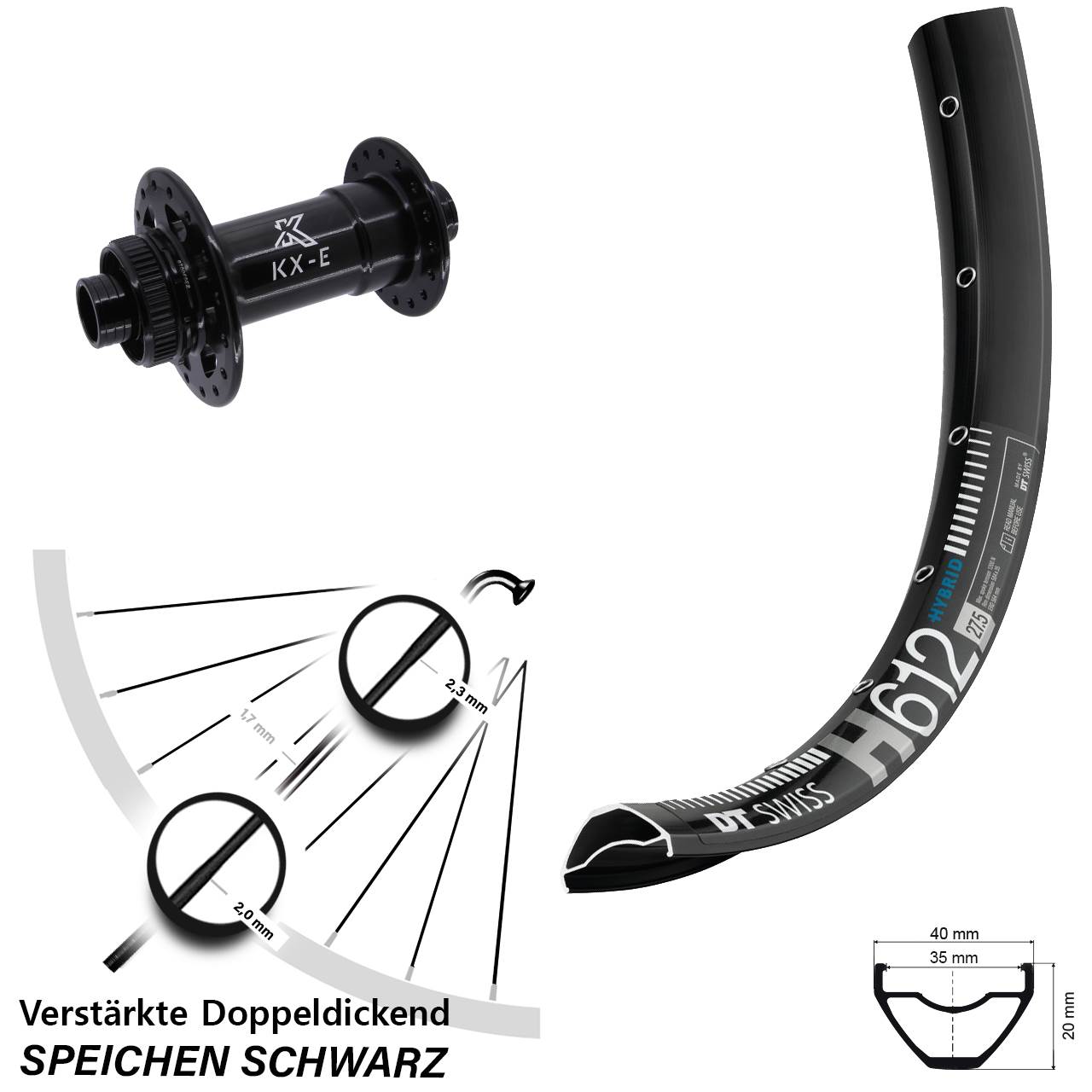 Boost Vorderrad Centerlock 15x110 27,5 Zoll DT Swiss H612 KX-E Heavy Duty