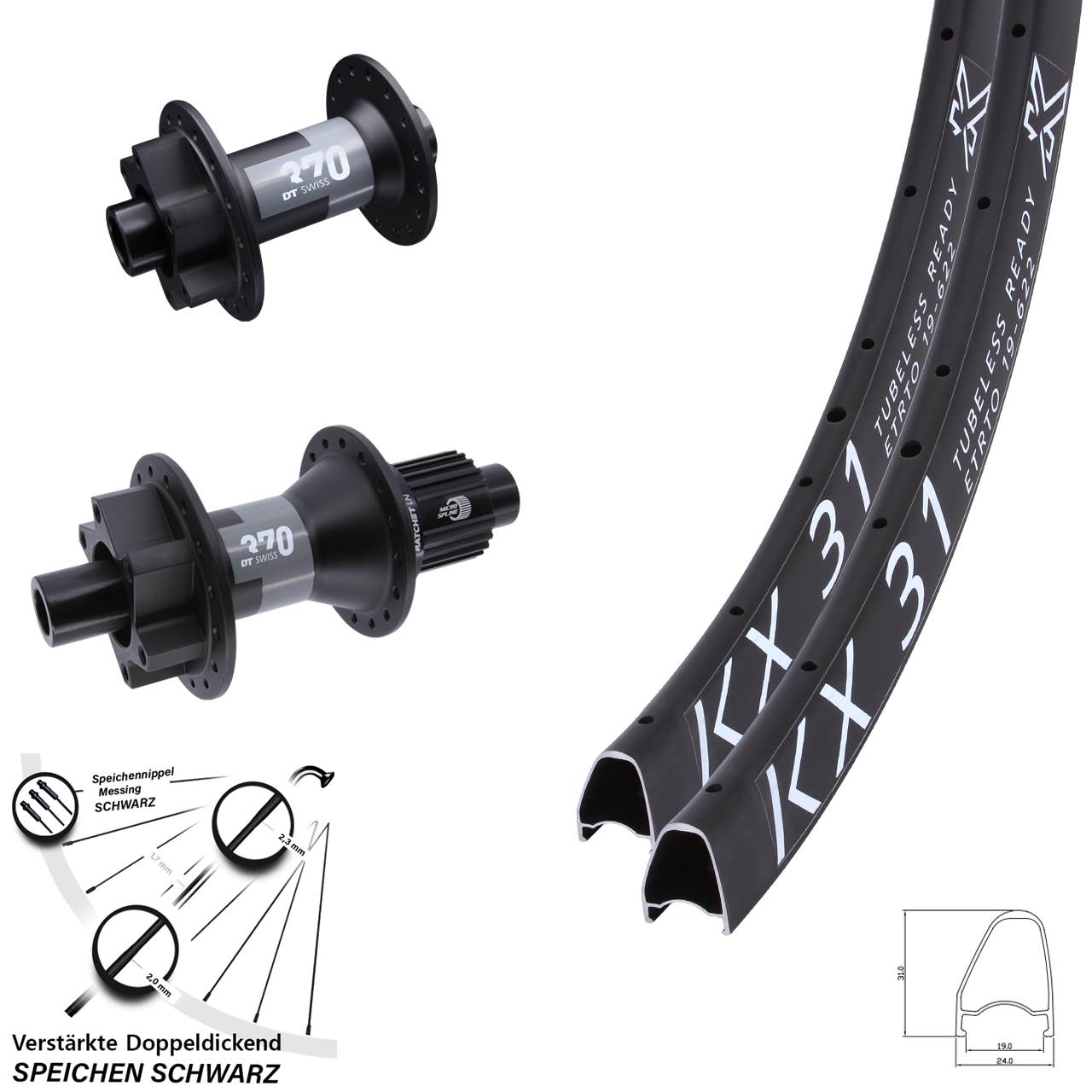 28 Zoll KX 31 Offset DT Swiss 370 6-Loch Laufradsatz 12x100/142 Micro Spline