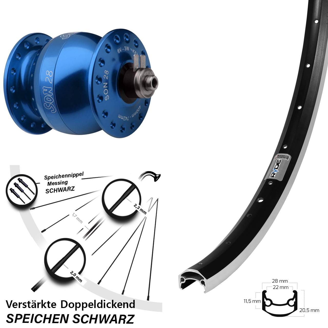 SON 28 blau Ryde Andra 35 27,5 Zoll Vorderrad mit Nabendynamo QR