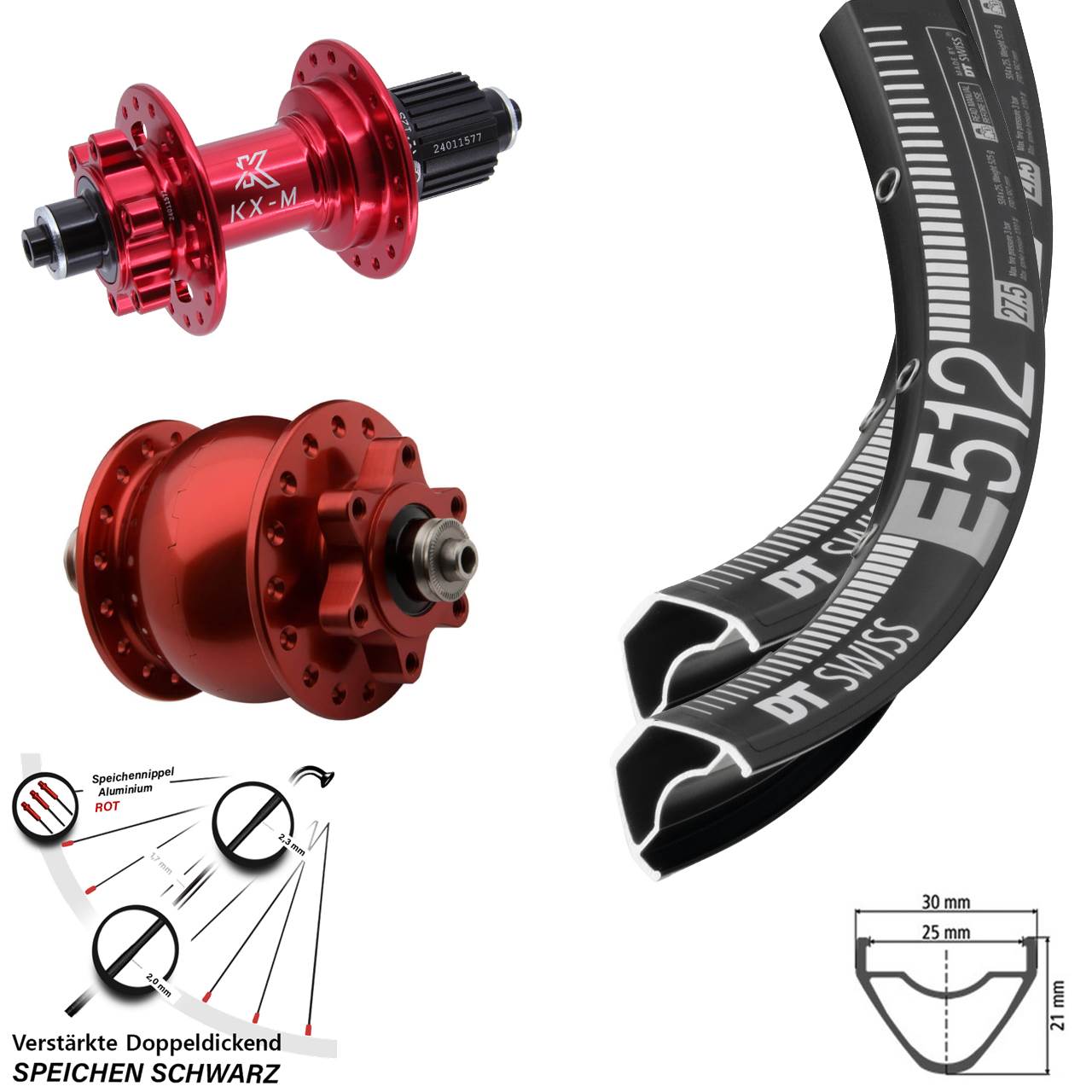 6-Loch Laufradsatz QR 29 Zoll DT Swiss E 512 KX-M SON 28 rot Shimano Micro Spline