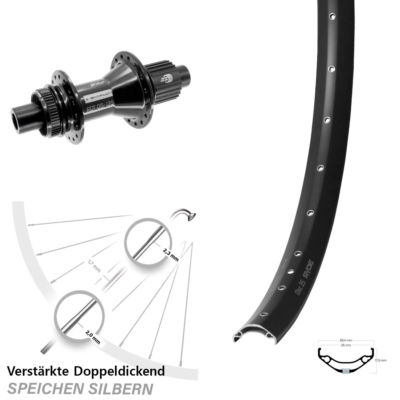 Ryde Disc 35 DT Swiss 370 Hybrid 29 Zoll Centerlock Hinterrad 12x142 Shimano Micro Spline