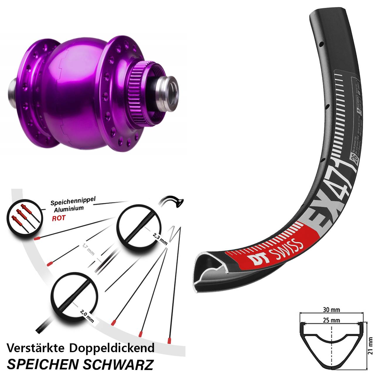 27,5 Zoll DT Swiss EX471 SON 28 violett Centerlock Vorderrad mit Nabendynamo 12x100