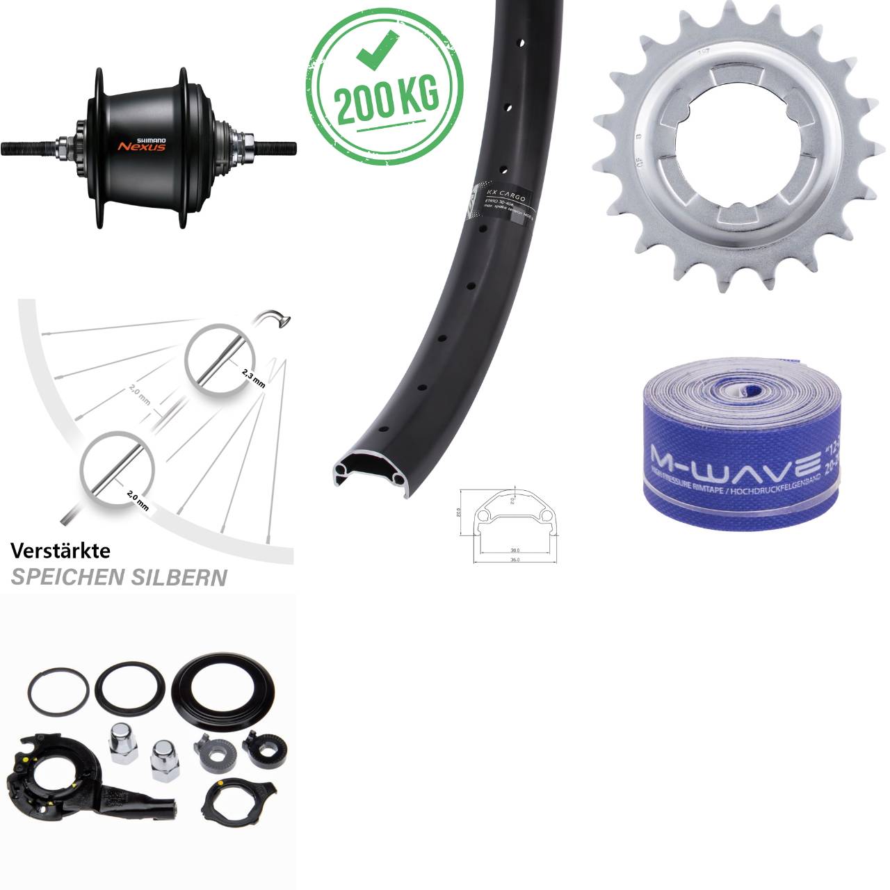 26 Zoll KX Cargo Hinterrad Shimano 7 Gang Freilauf für Rollenbremse