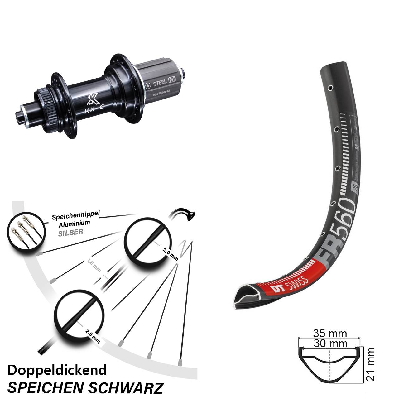 Hinterrad 26 Zoll DT Swiss FR560 KX-GS Heavy Duty 5x135 Centerlock 8-12 fach HG