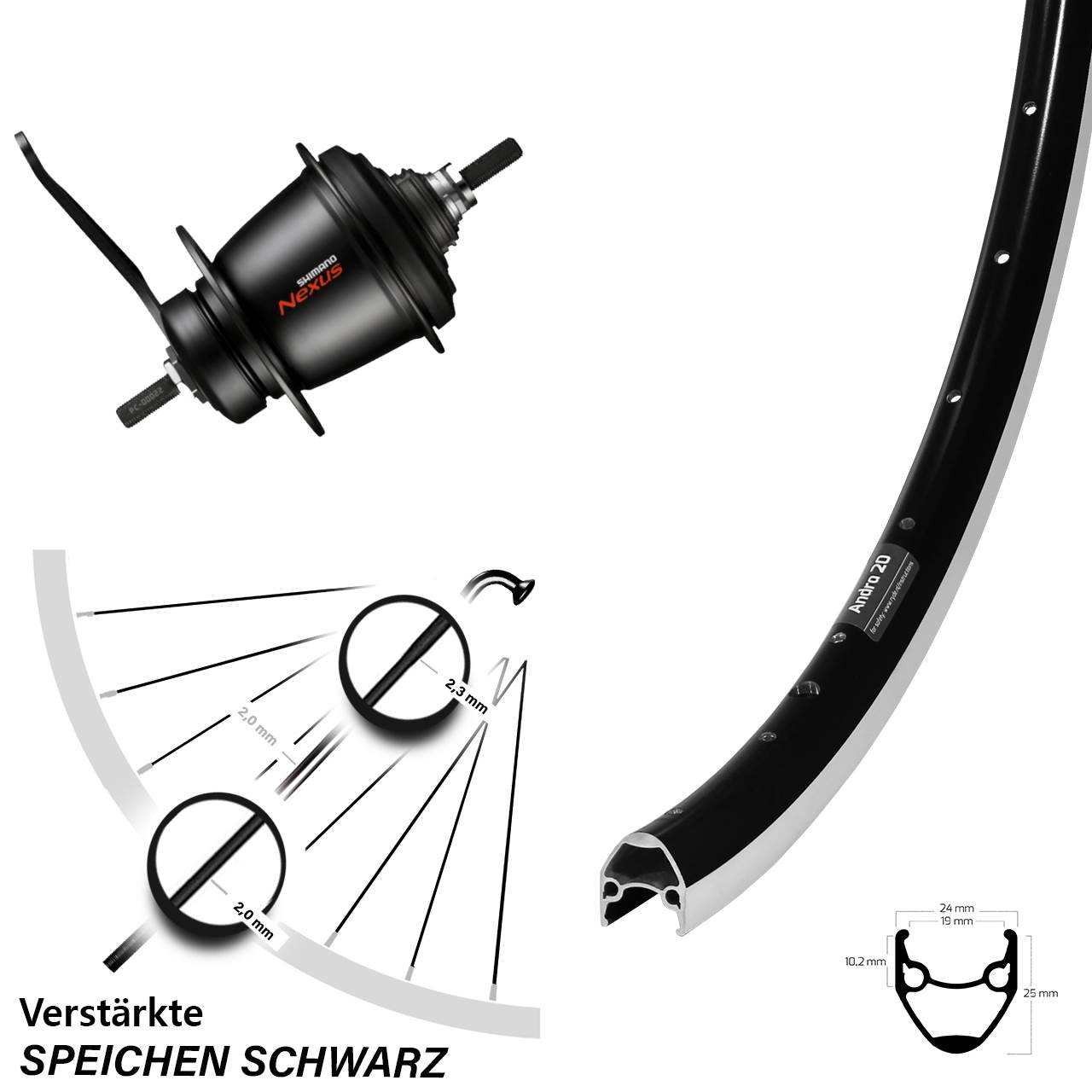 Hinterrad Shimano Nexus SG-C3001 7 Gang Rücktritt 28 Zoll Ryde Andra 20 schwarz