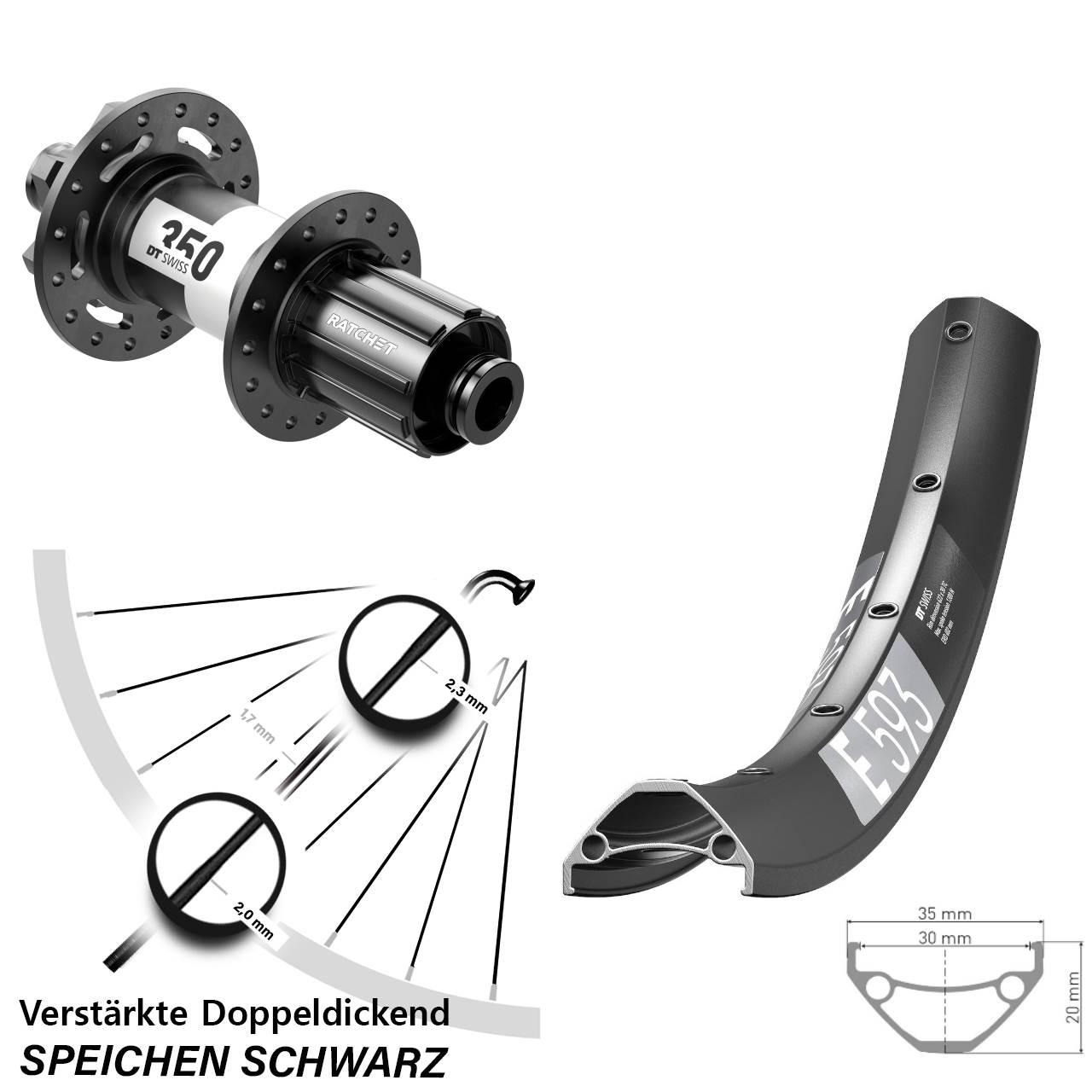 27,5 Zoll DT Swiss E593-350 Downhill Hinterrad 6-Loch 12x150 (DH alt) 8-11 fach