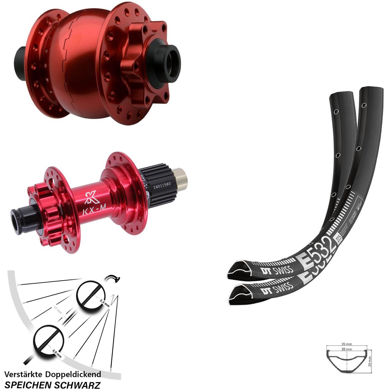 Disc Laufradsatz 15x100 12x142 29 Zoll DT Swiss E532 KX-M rot SON 28 rot Micro Spline