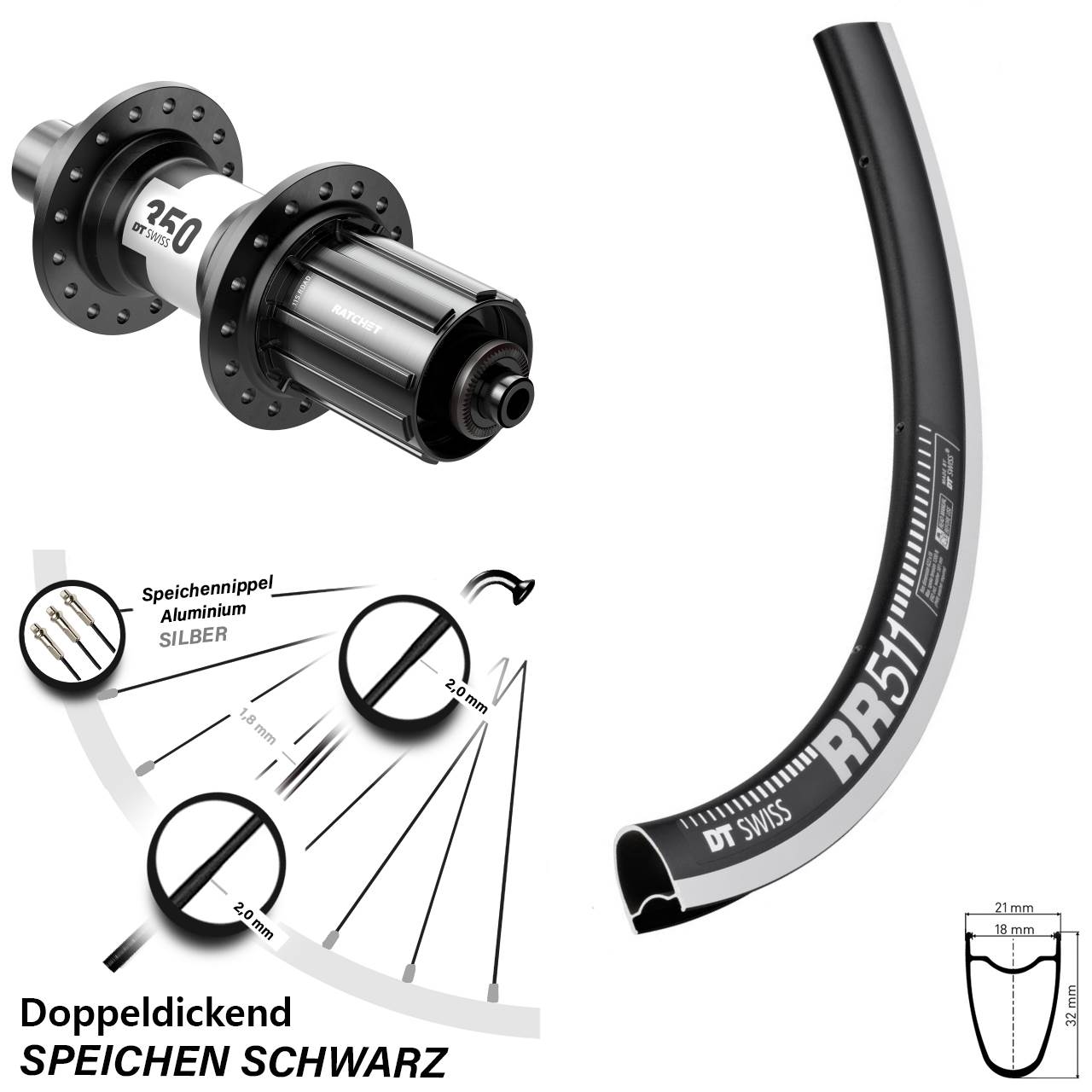 350 Road DT Swiss RR 511 Hinterrad 28 Zoll Shimano HG Hochprofil Felgenbremse