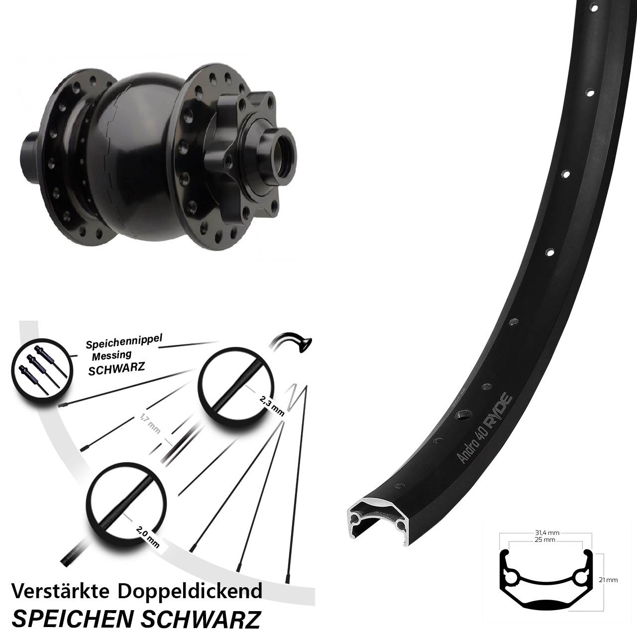 Vorderrad 29 Zoll Ryde Andra 40 Disc schwarz Nabendynamo SON 28-15 Boost 6-loch 110 mm