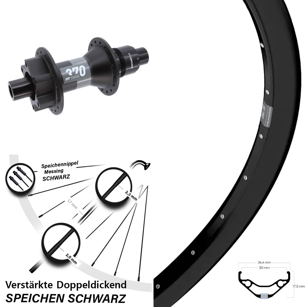27,5 Zoll Ryde Disc 30 DT Swiss 370 Hinterrad 6-Loch 12x148 XD