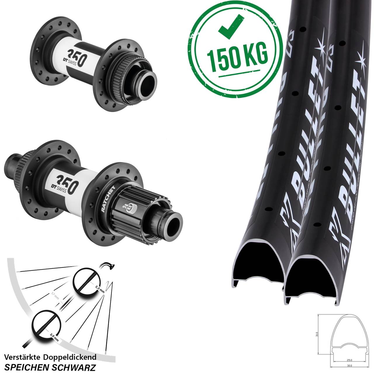 Disc Laufradsatz 28-29 Zoll KX Bullet DT Swiss 350 Shimano Micro Spline 15x100 12x142