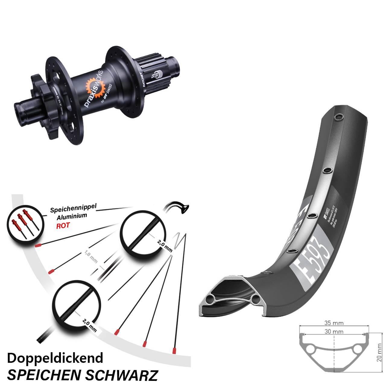 DT Swiss E593-350 27,5 Zoll 6-Loch Hinterrad 12x142 Micro Spline