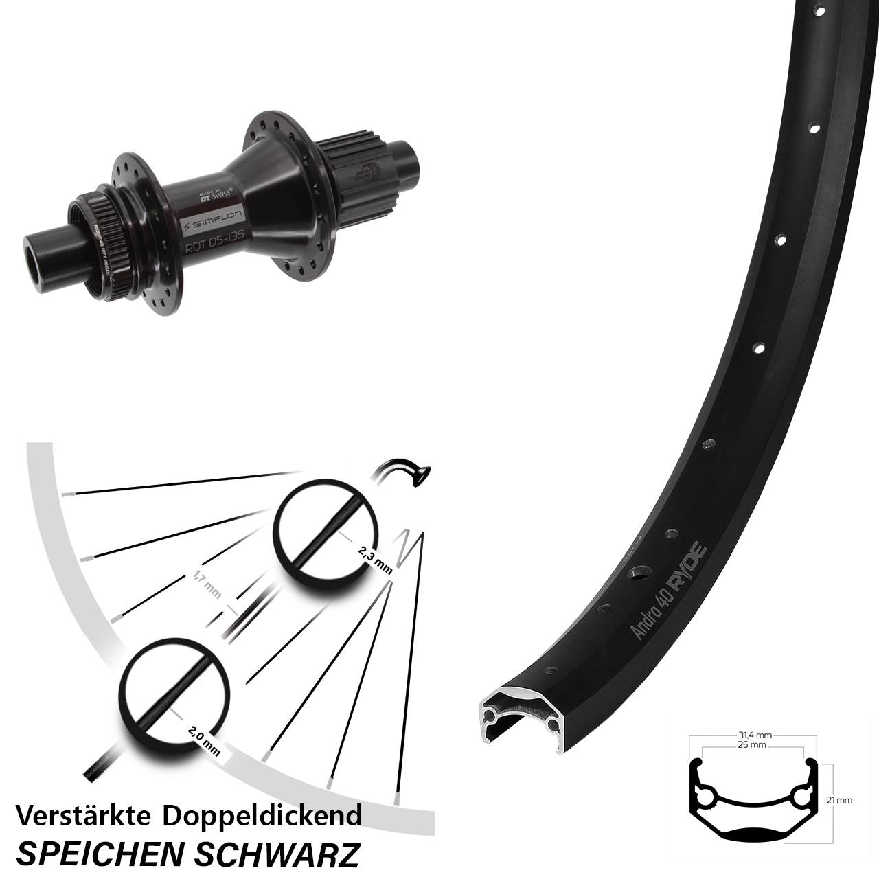 Hinterrad Centerlock 12x142 26 Zoll Ryde Andra 40 DT Swiss 370 Hybrid Shimano Micro Spline