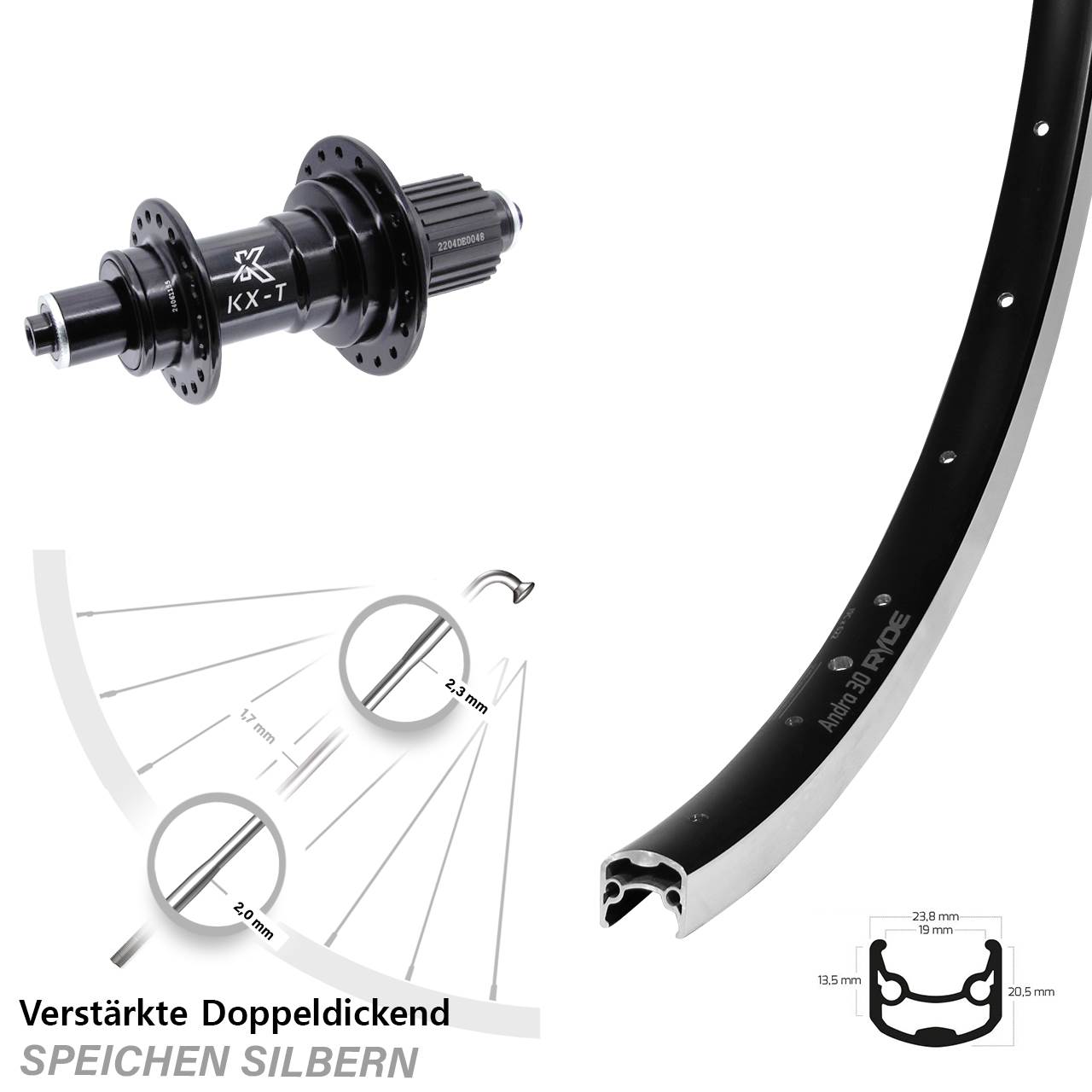 Ryde Andra 30 KX-TS Heavy Duty 28 Zoll Laufrad hinten für Schnellspanner Micro Spline
