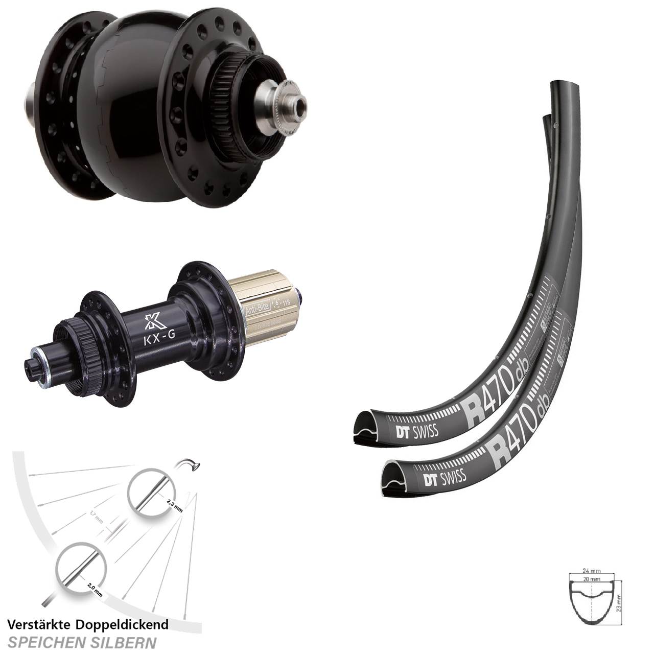 DT Swiss R470 KX-G SON delux 28 Zoll Disc Laufrad-Satz für Schnellspanner 8-12 fach HG