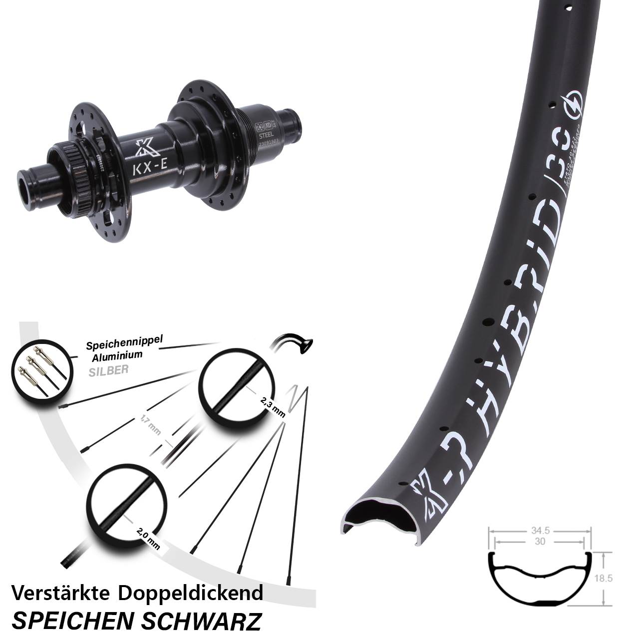 29 Zoll KX-R Hybrid 30 Boost Hinterrad E-Bike Centerlock 12x148 Sram XD